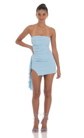 Strapless Ruched Tassel Dress in Blue